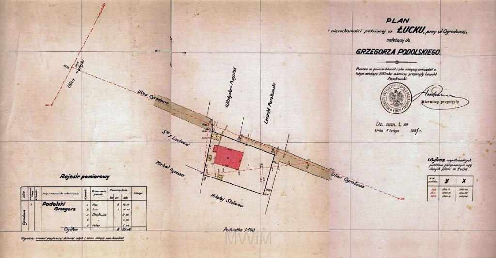 KKE 5974-2.jpg - Dok. Plan Nieruchmości należący do Grzegorza Podolskiego wykonany przez Leopolda Kleofasa Paszkowskiego, Łuck, ulica Ogrodowa, 1937 r.